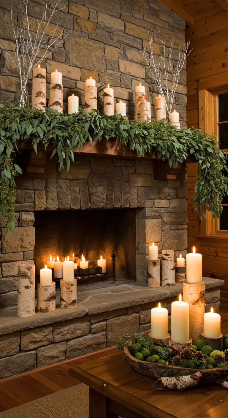 Stone fireplace decorated with birch log candles and a lush eucalyptus garland.