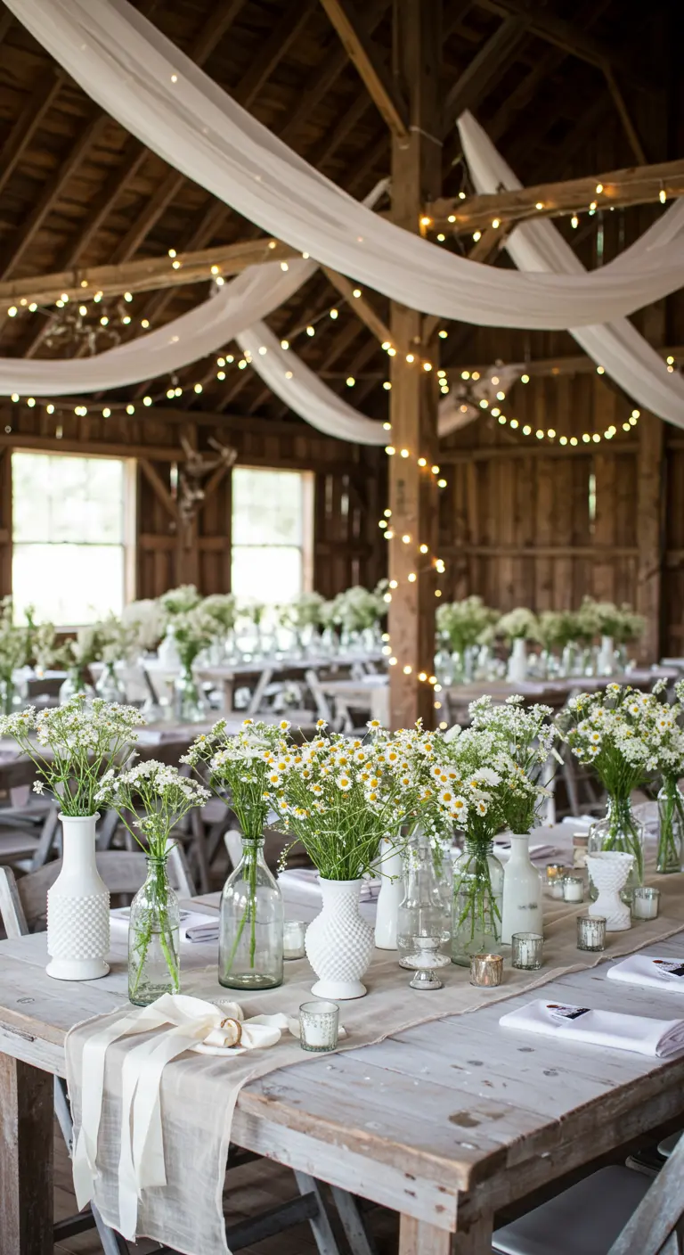 A rustic barn wedding table with mismatched white milk glass vases and string lights overhead.