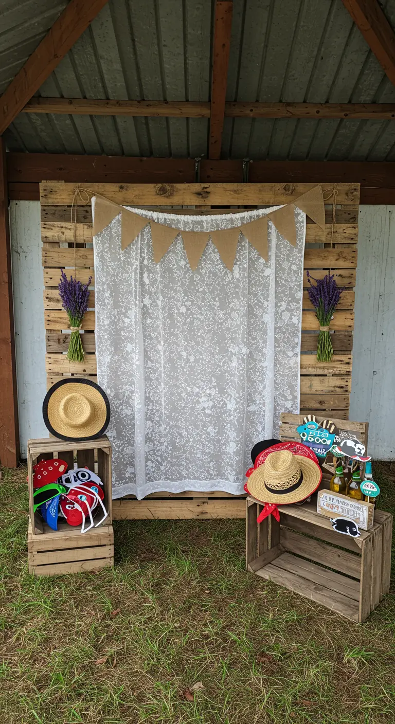A DIY photo booth with a pallet backdrop, lace curtain, and crates of props like straw hats.