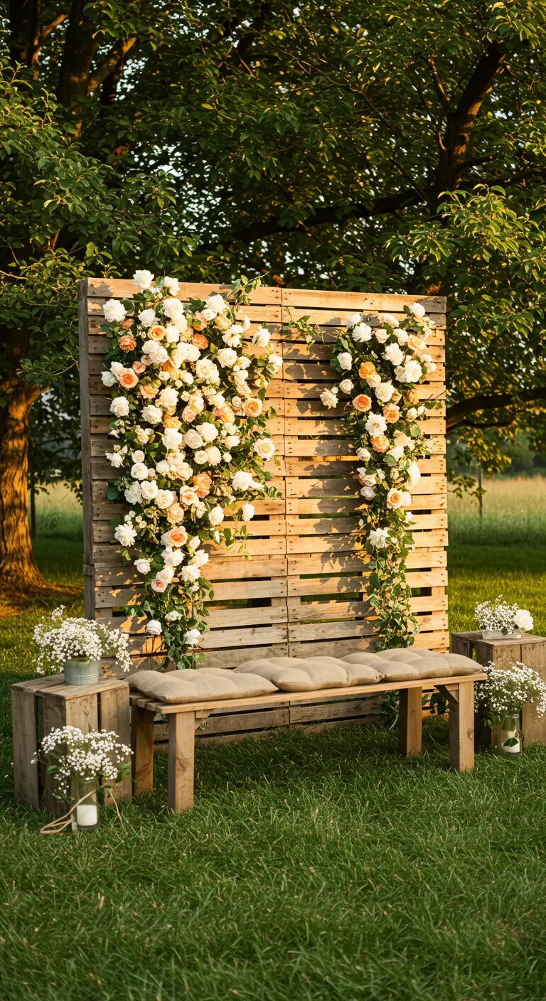 A rustic wooden pallet backdrop decorated with cascades of white and peach roses.