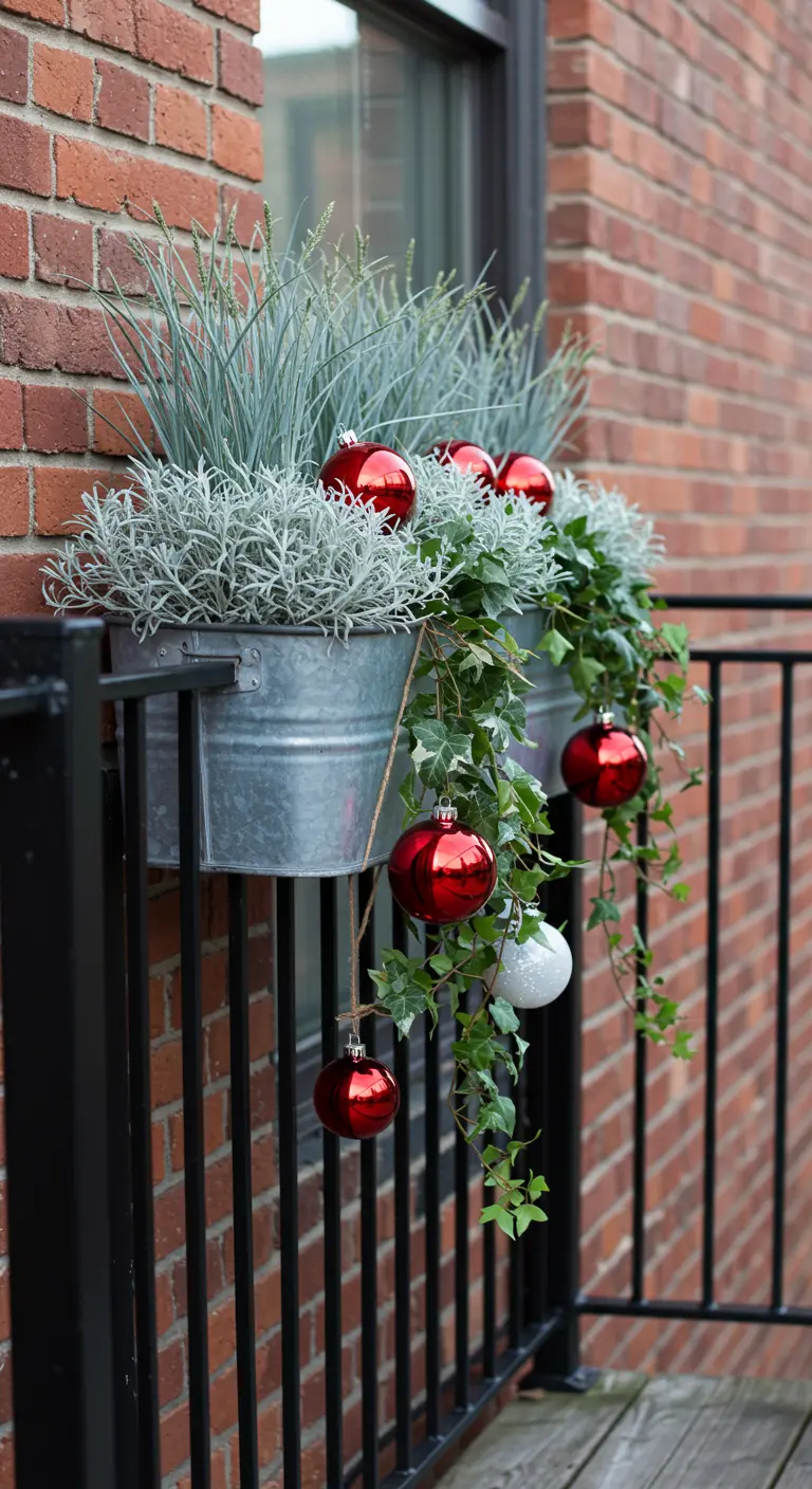 Galvanized metal window box with silver foliage, ivy, and bright red baubles.
