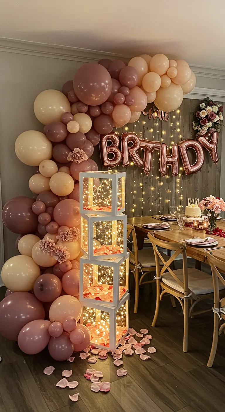 Muted rose balloon arch with glowing acrylic boxes filled with lights and petals.