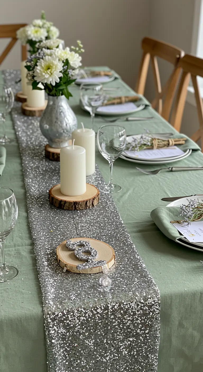 A sage green table with a silver sequin runner, white candles on wood slices.