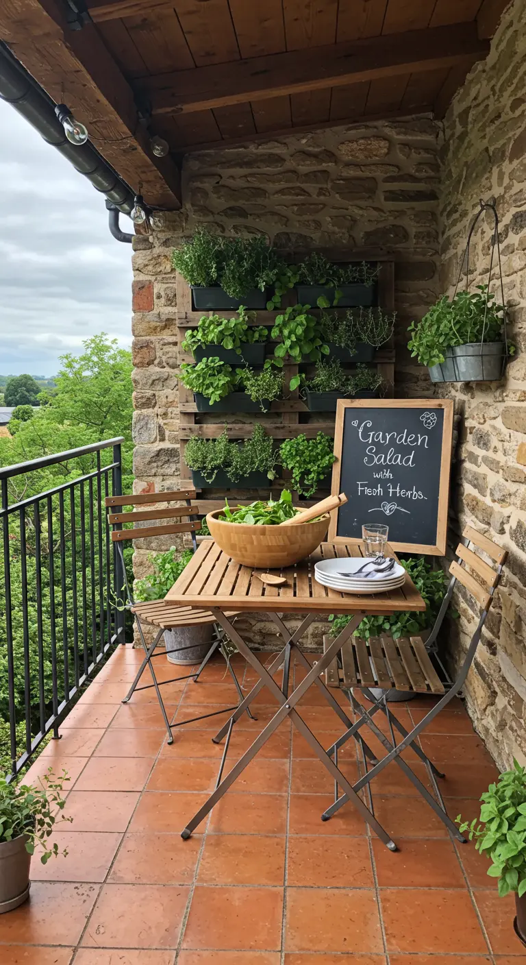 A rustic balcony with a stone wall, a vertical herb garden, and a table with a fresh salad.