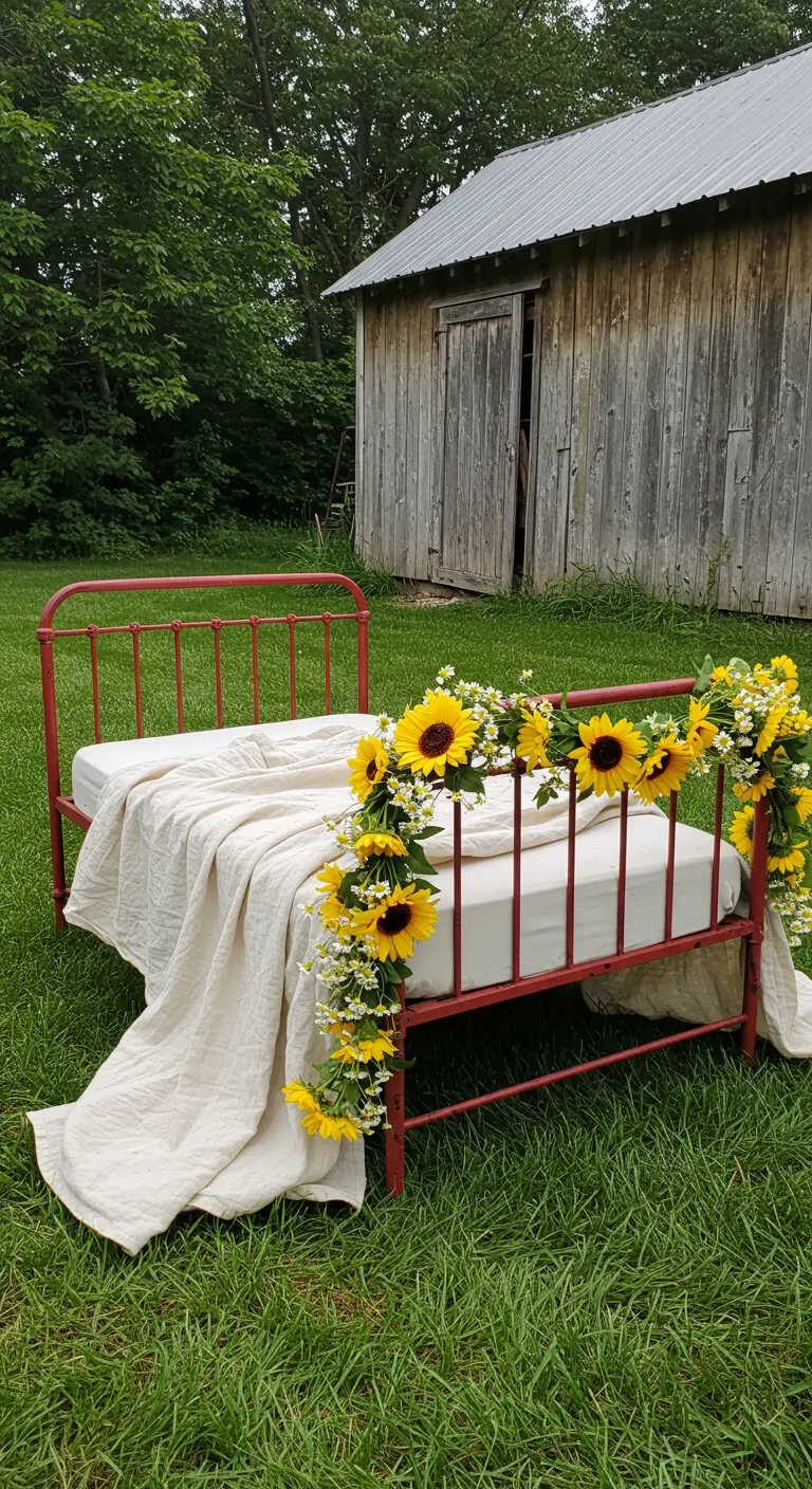 A red metal daybed in a field, decorated with a garland of bright sunflowers.