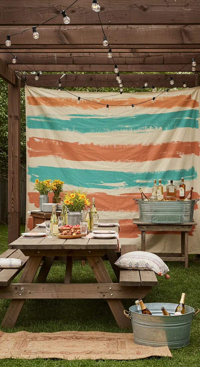 A fabric backdrop with horizontal, dry-brushed stripes in terracotta and teal hangs behind a picnic table.