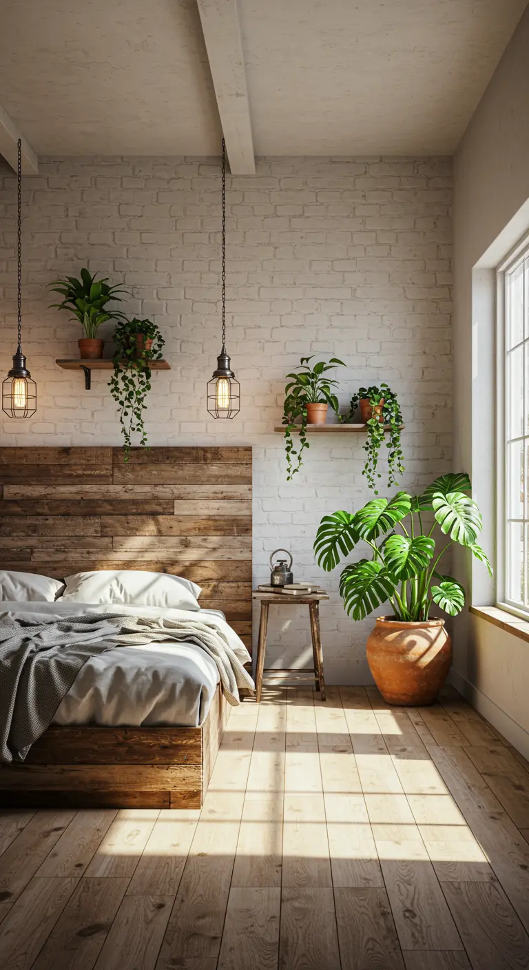Rustic bedroom with a reclaimed wood bed, brick wall, and various plants on shelves and the floor.