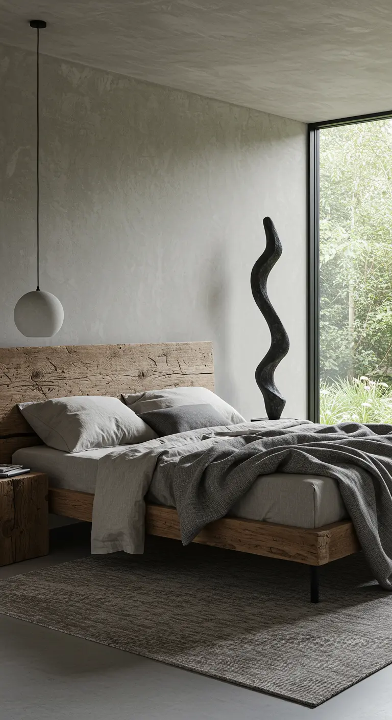 Minimalist bedroom with a reclaimed wood headboard, gray linens, and a dark modern sculpture.