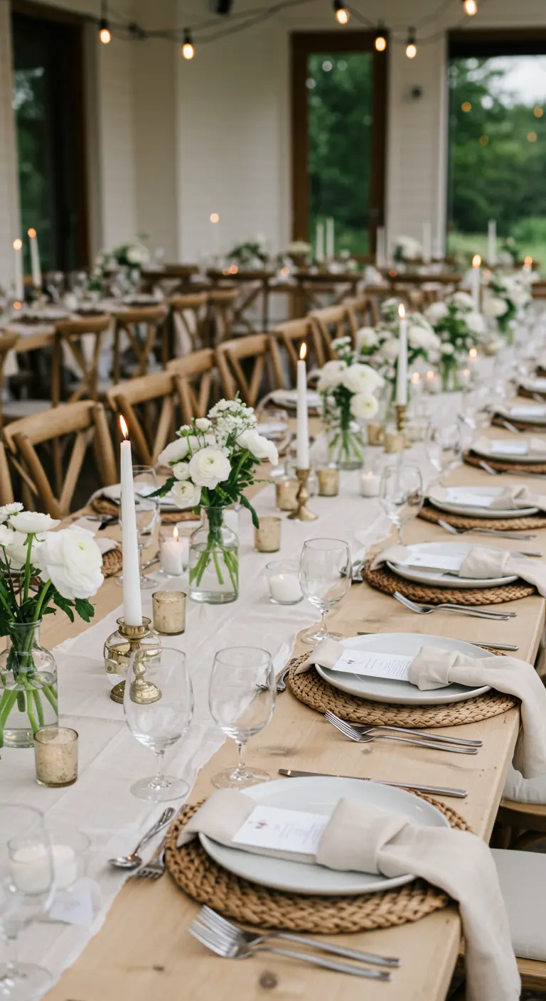 A long wooden table set for a wedding with wicker placemats and white floral centerpieces.