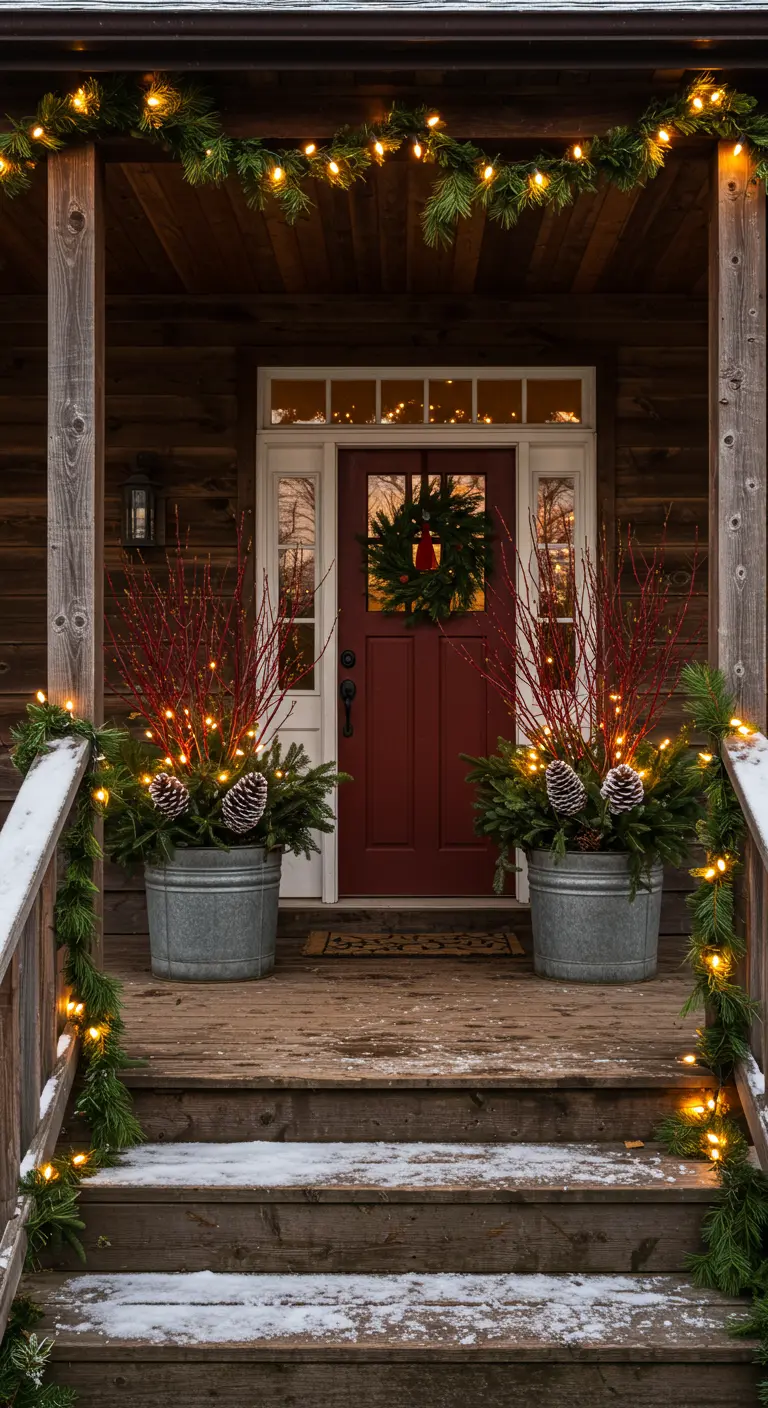 Rustic front porch with galvanized planters filled with red branches, evergreens, and string lights.