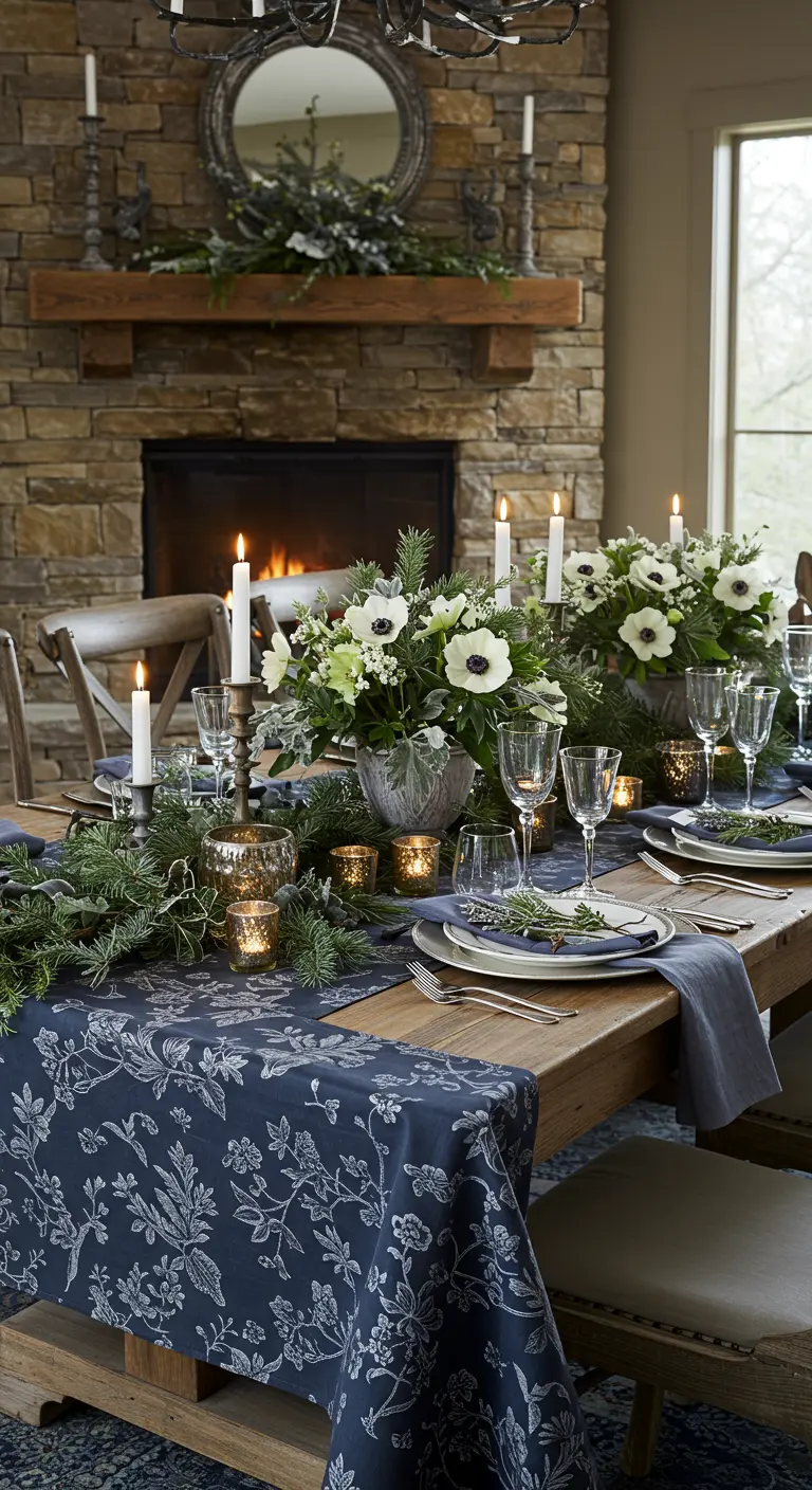 A cozy, rustic winter table with white anemones, evergreen sprigs, and a navy floral runner.
