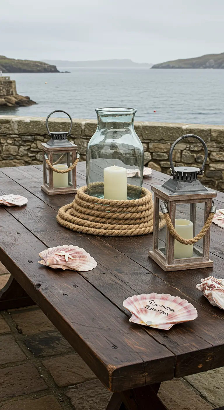 Dark wood table with weathered lanterns, a coiled rope centerpiece, and shell place cards.