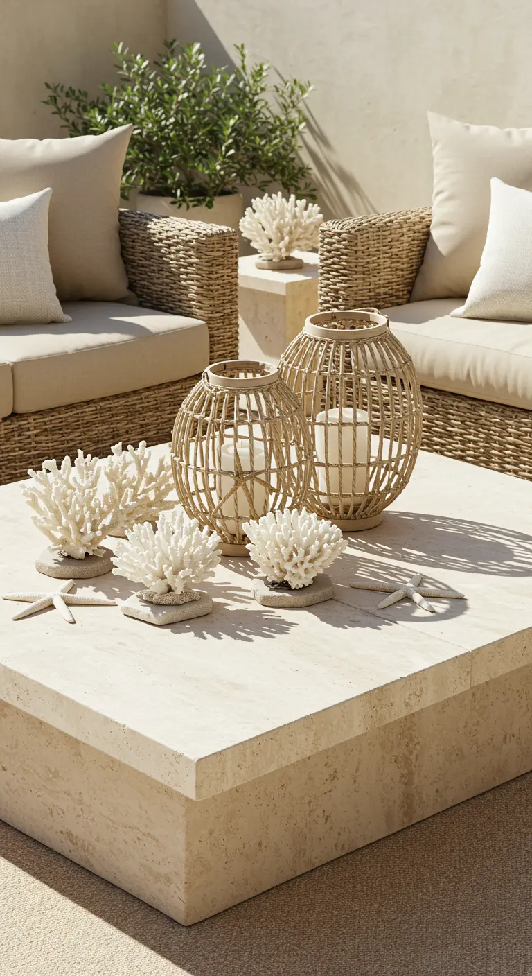 Neutral patio with rattan lanterns, white coral sculptures, and starfish on a stone table.