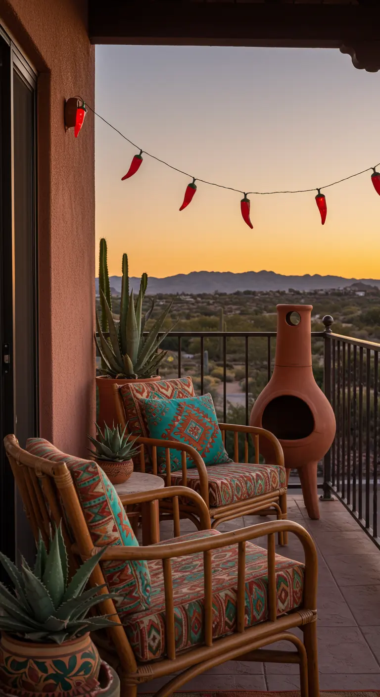 A Southwestern-style balcony with a terracotta chiminea and red chili pepper string lights.