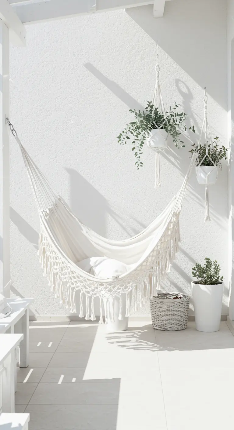 An all-white hammock chair and decor on a sun-drenched, minimalist white balcony.