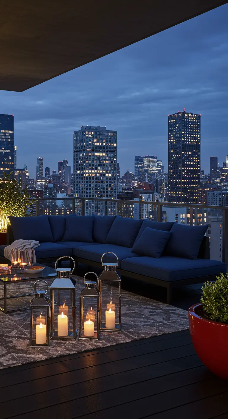 A large sapphire blue sectional on a city terrace at night, lit by clusters of floor lanterns.