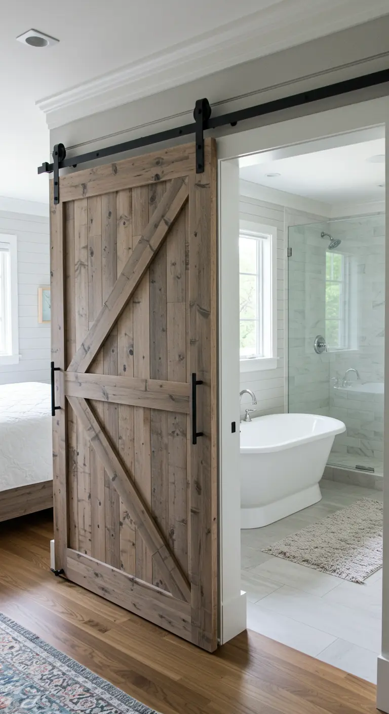 A sliding barn door made of weathered wood separates a bedroom from a modern bathroom.