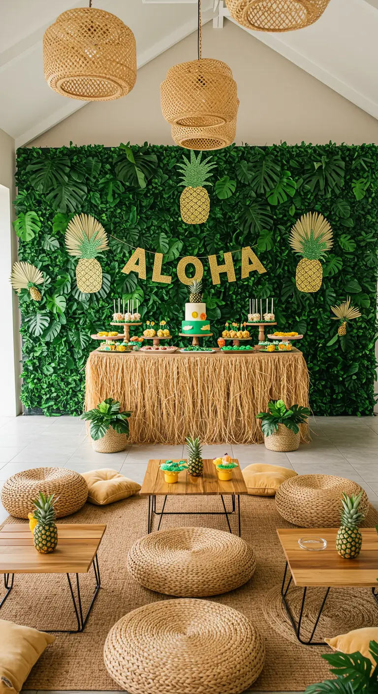 A dessert table with a lush green leaf wall backdrop that says 'ALOHA'.