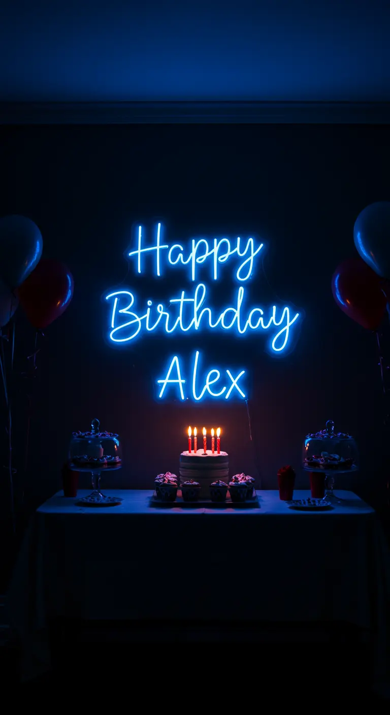A custom blue neon sign saying