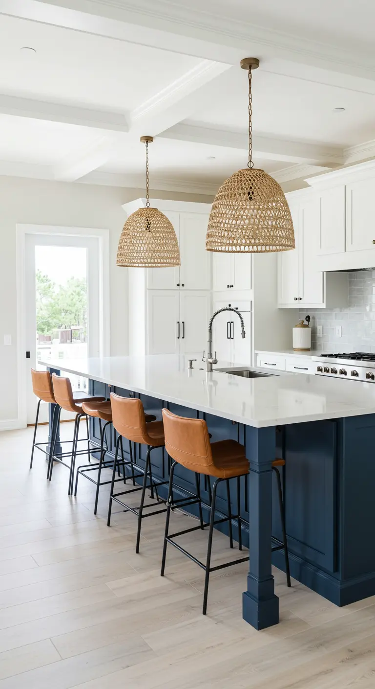 Long navy kitchen island with white countertop and multiple large woven pendant lights.