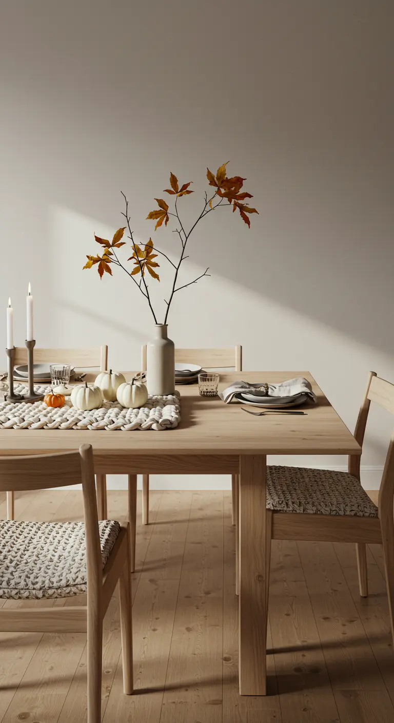 A minimalist wooden table with a single branch in a vase and a simple woven runner.