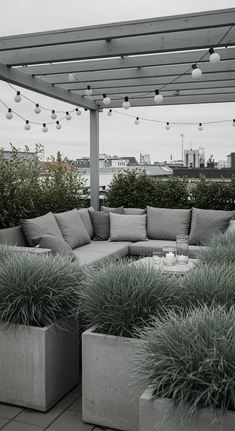 A rooftop terrace with a grey sectional sofa and concrete planters filled with blue-green grasses.