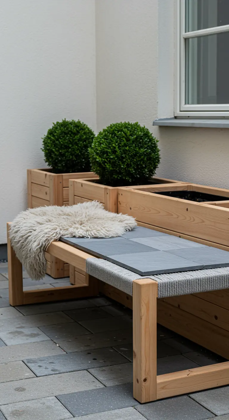 A light wood bench with a woven rope seat, slate tiles, and boxwood planters in a courtyard.