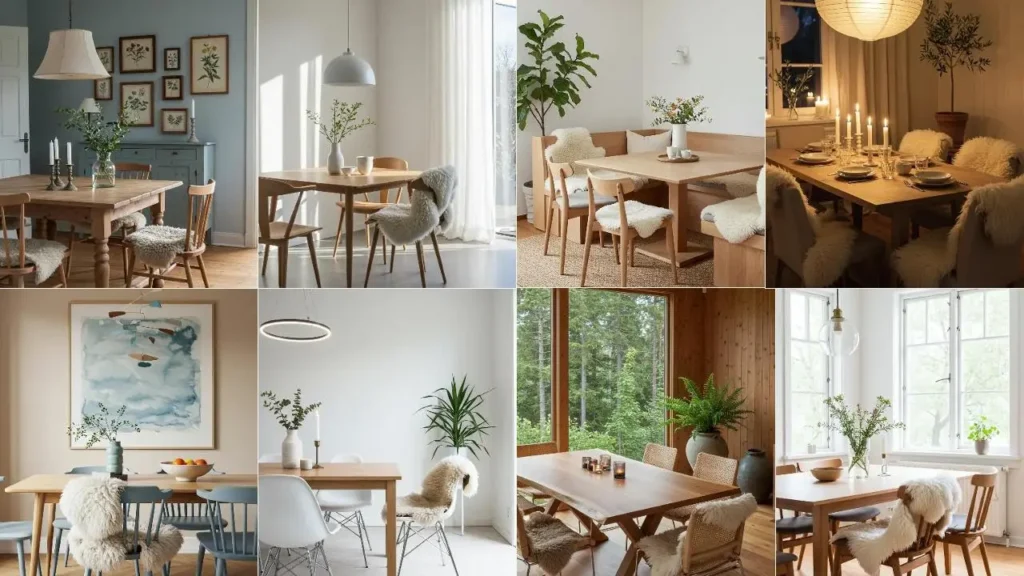 Cozy Scandinavian dining rooms with soft oak tables and sheepskin throws, showcasing hygge style.