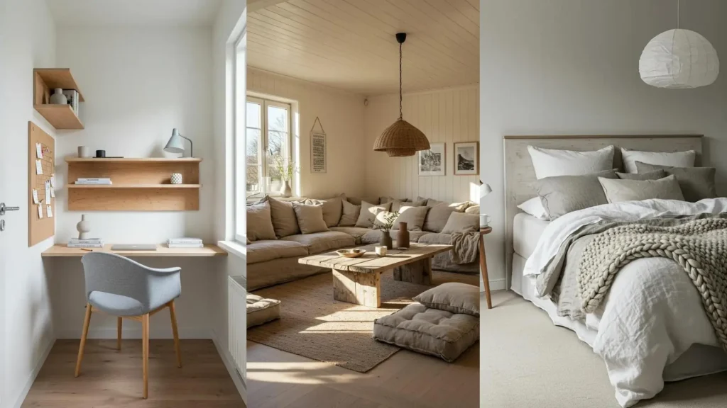 Scandinavian interiors featuring a home office, living room, and bedroom with pale woods, linen layers, and clean geometry.