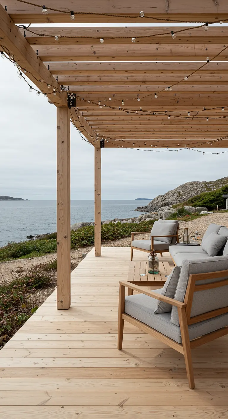 A light wood pergola and deck with modern grey seating, with string lights neatly attached.
