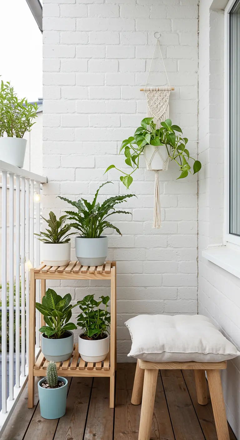 Light wood plant stand and stool against a white brick balcony wall.
