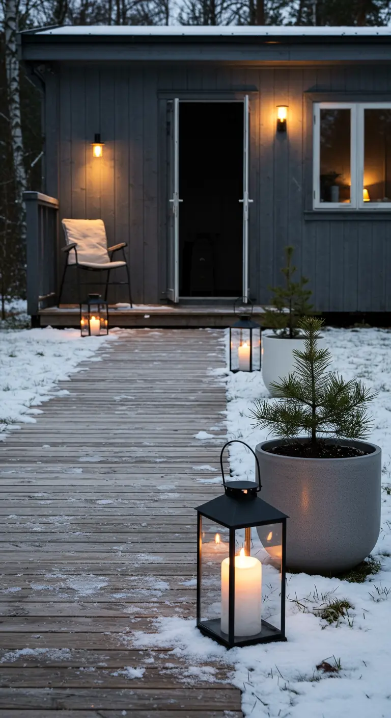 A simple wooden walkway to a modern grey cabin, with a few minimalist pots and lanterns.