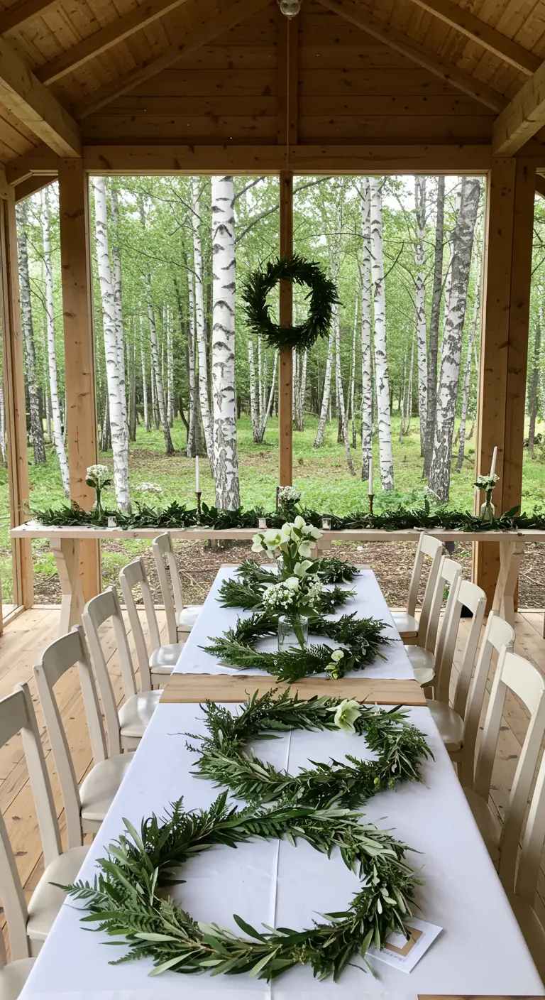 Minimalist wedding reception in a screened porch with simple fern wreath decor.