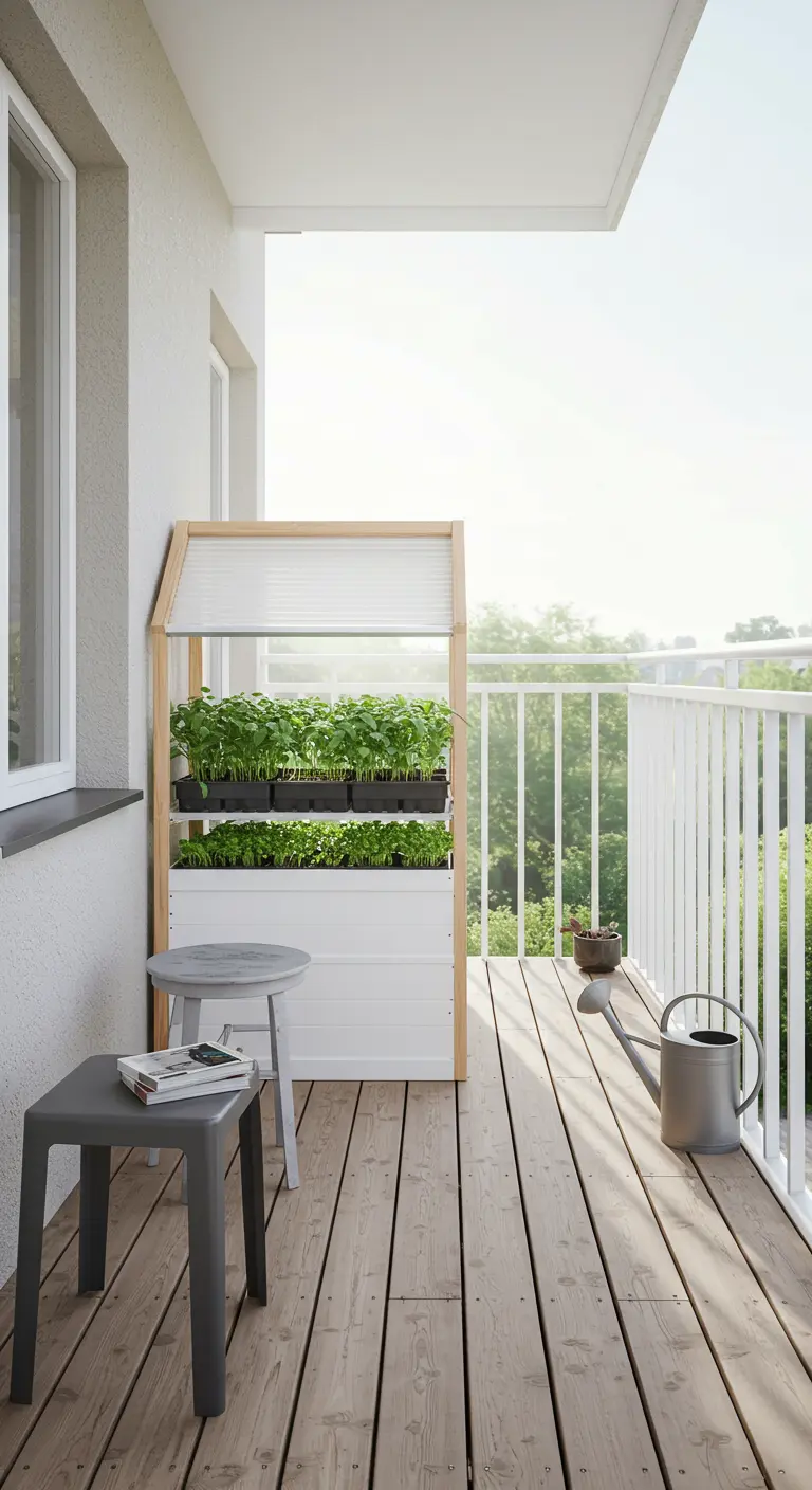 A modern, minimalist two-tier greenhouse with a white base and wood frame on a balcony.