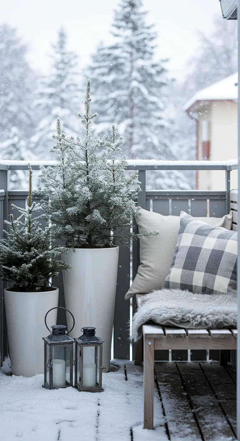 A serene, snowy balcony with white planters, grey plaid pillows, and a sheepskin throw.
