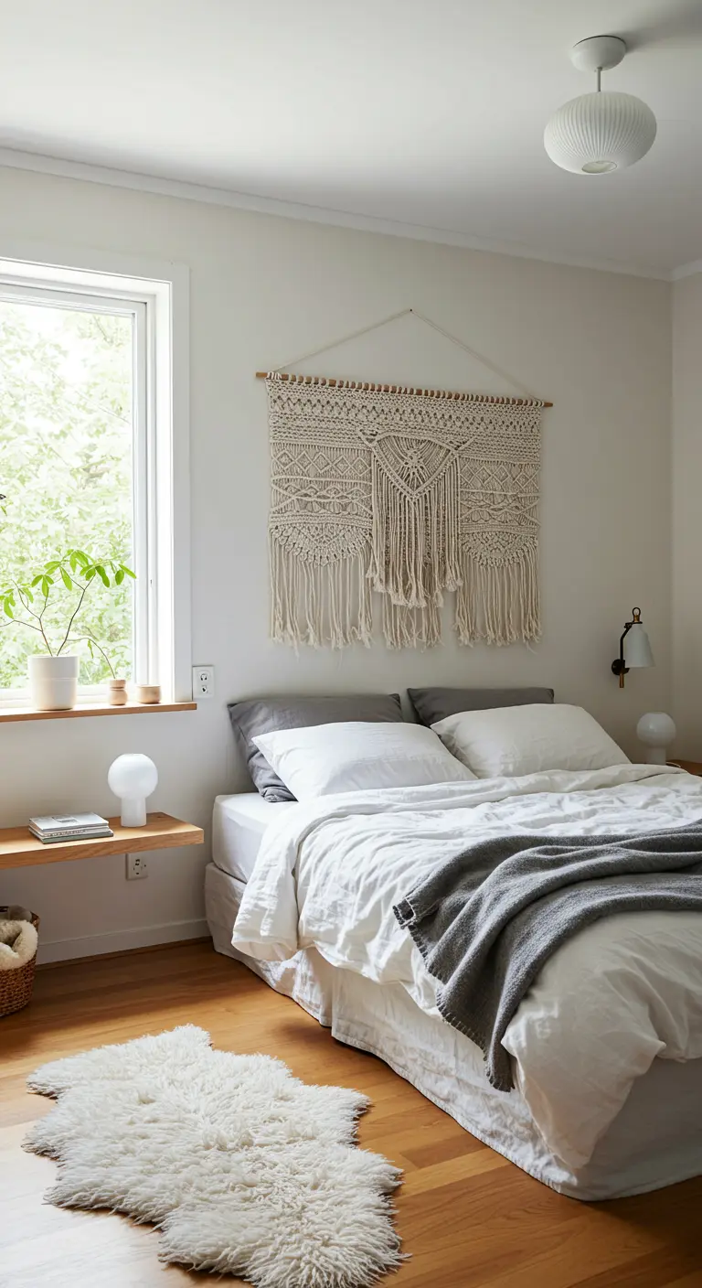 A bright bedroom with a macrame wall hanging above the bed and a sheepskin rug on the floor.