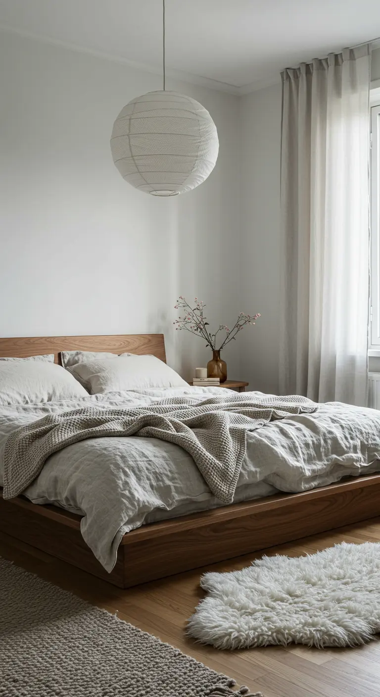 Minimalist bedroom with a low wood bed, a large paper lantern, and a white sheepskin rug.