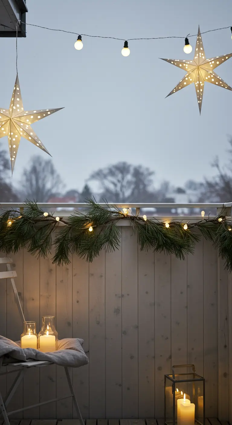 A minimalist balcony with a simple pine garland, two large paper stars, and lanterns.