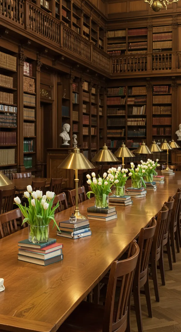 Long library table with desk lamps and white tulips on bookstacks.