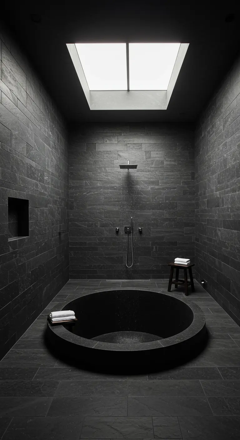 Dark minimalist bathroom with slate walls, a sunken round tub, and a skylight.