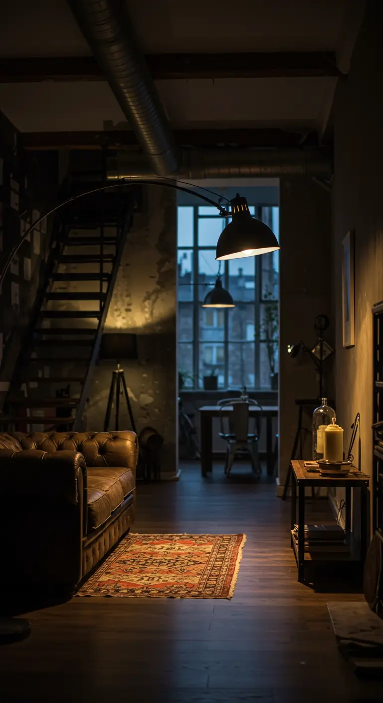 An arc lamp curving over a leather sofa in a dark, industrial-style living room.