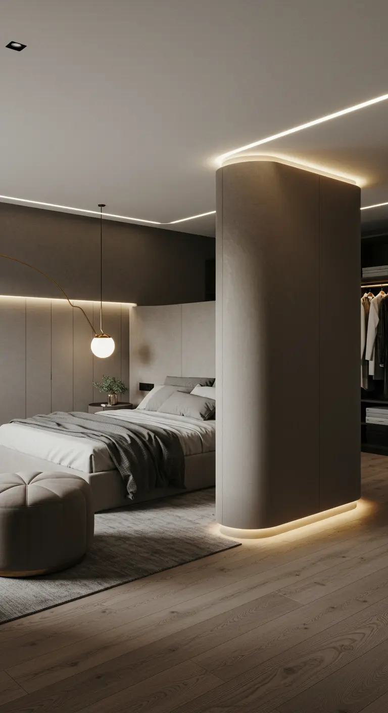 A curved partition wall with integrated lighting separates the bed from the closet area.