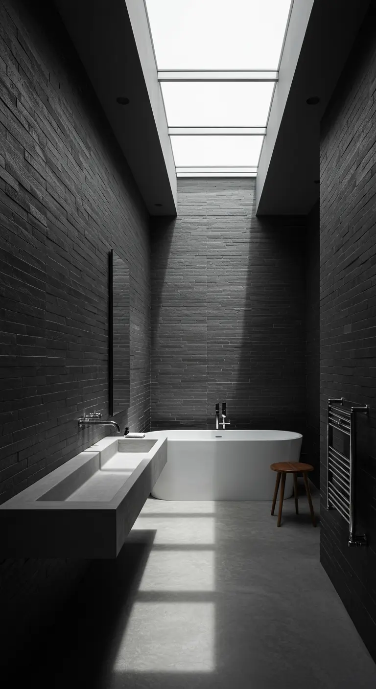 Narrow bathroom with dark stacked stone walls, dramatically lit by a skylight.