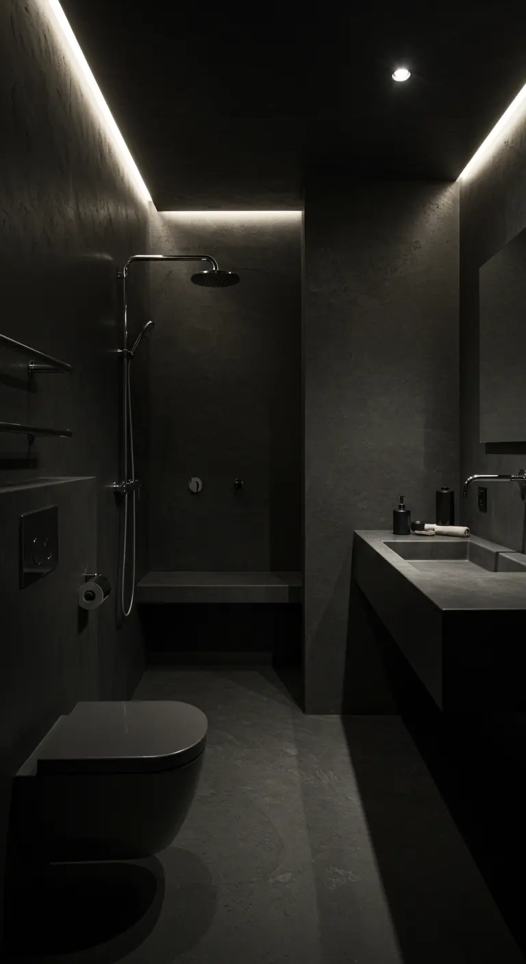 Dark, minimalist bathroom with integrated LED cove lighting and a concrete sink.