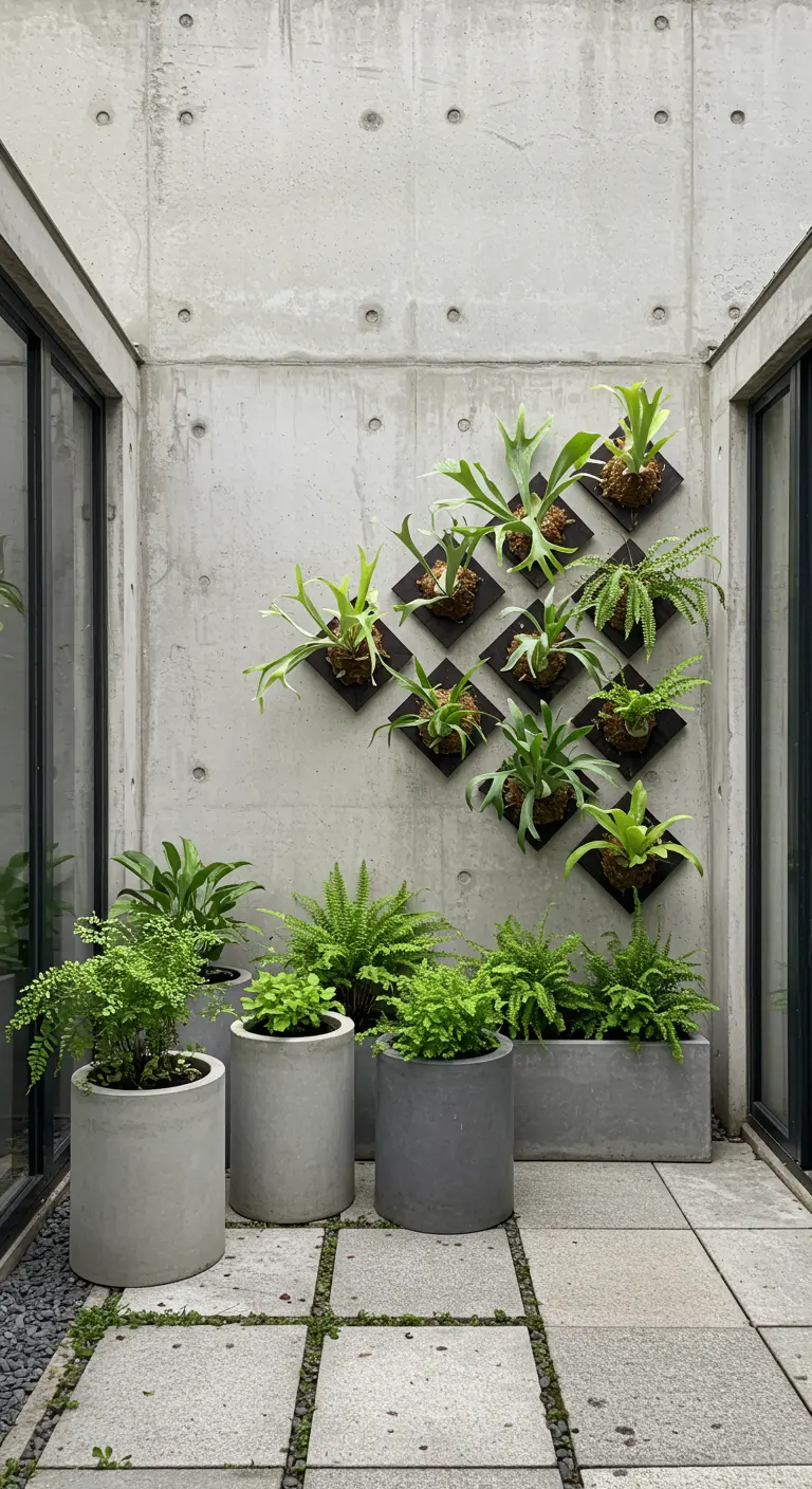 Staghorn ferns mounted on black diamond plaques on a concrete wall, with concrete planters below.