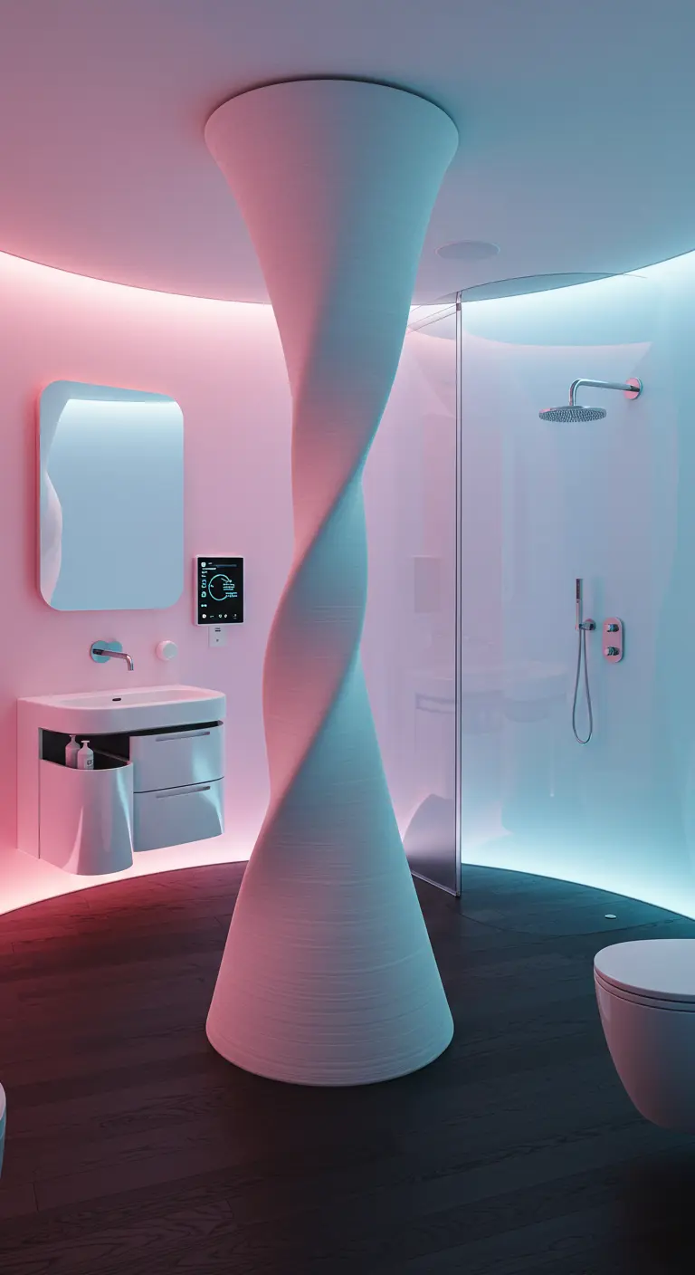 Futuristic bathroom with a spiral column and pink and blue lighting.