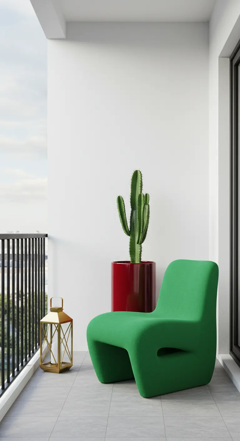 A modern, sculptural green chair next to a red planter with a cactus on a minimalist balcony.