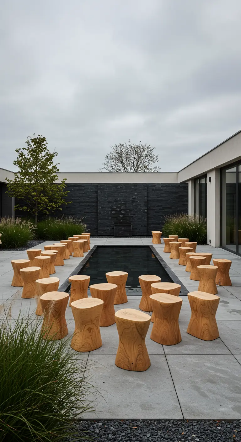 Smooth, light wood stools arranged around a minimalist rectangular reflecting pool in a modern courtyard.