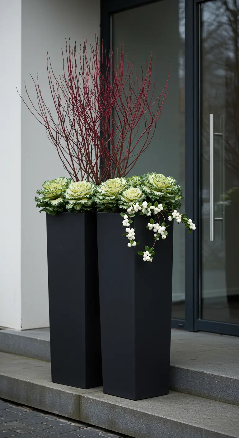 Tall, matte black planters with white ornamental kale and red dogwood branches.
