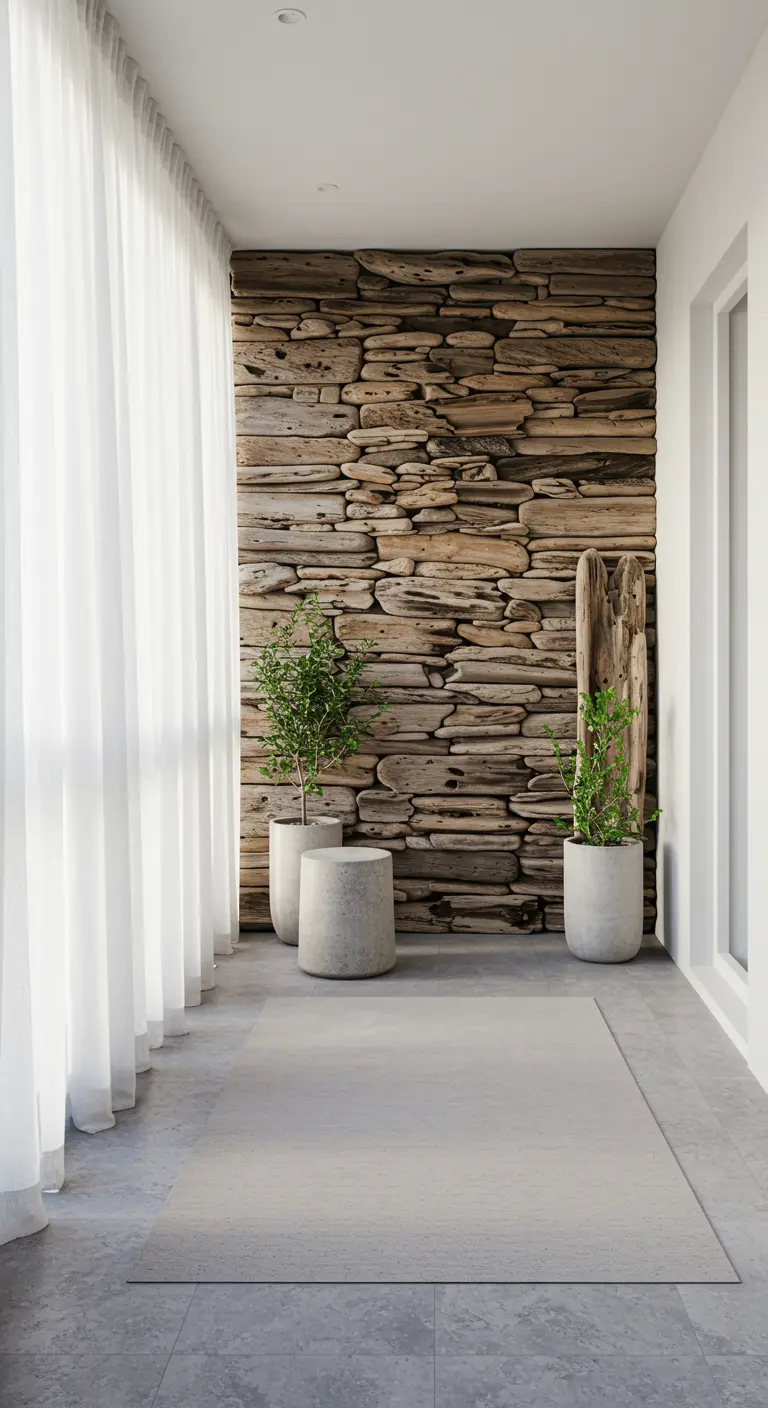A minimalist balcony with a stacked driftwood wall and two large concrete planters.